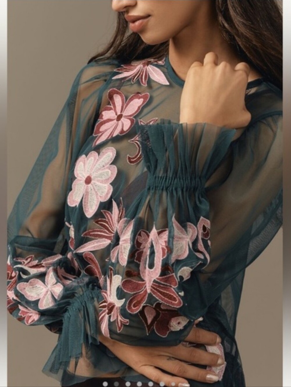 BY ANTHROPOLOGIE LONG-SLEEVE EMBROIDERED SHEER MESH GREEN PINK TOP SMALL NWT - Picture 14 of 14